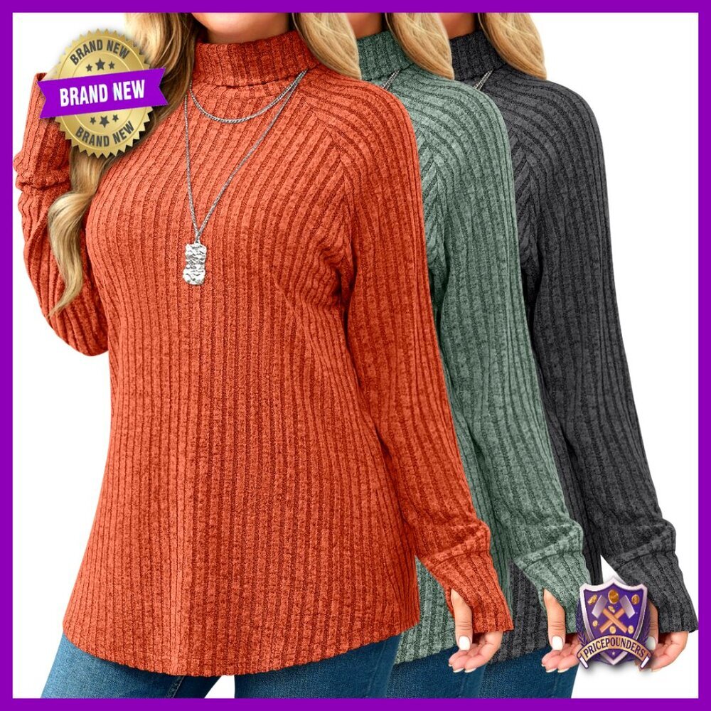 Plus Size Turtleneck Sweater Tunics, Long Sleeve Thumbhole Pullover Shirts